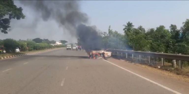 Running Car Brunt In NH16 On The Way Of Cuttack